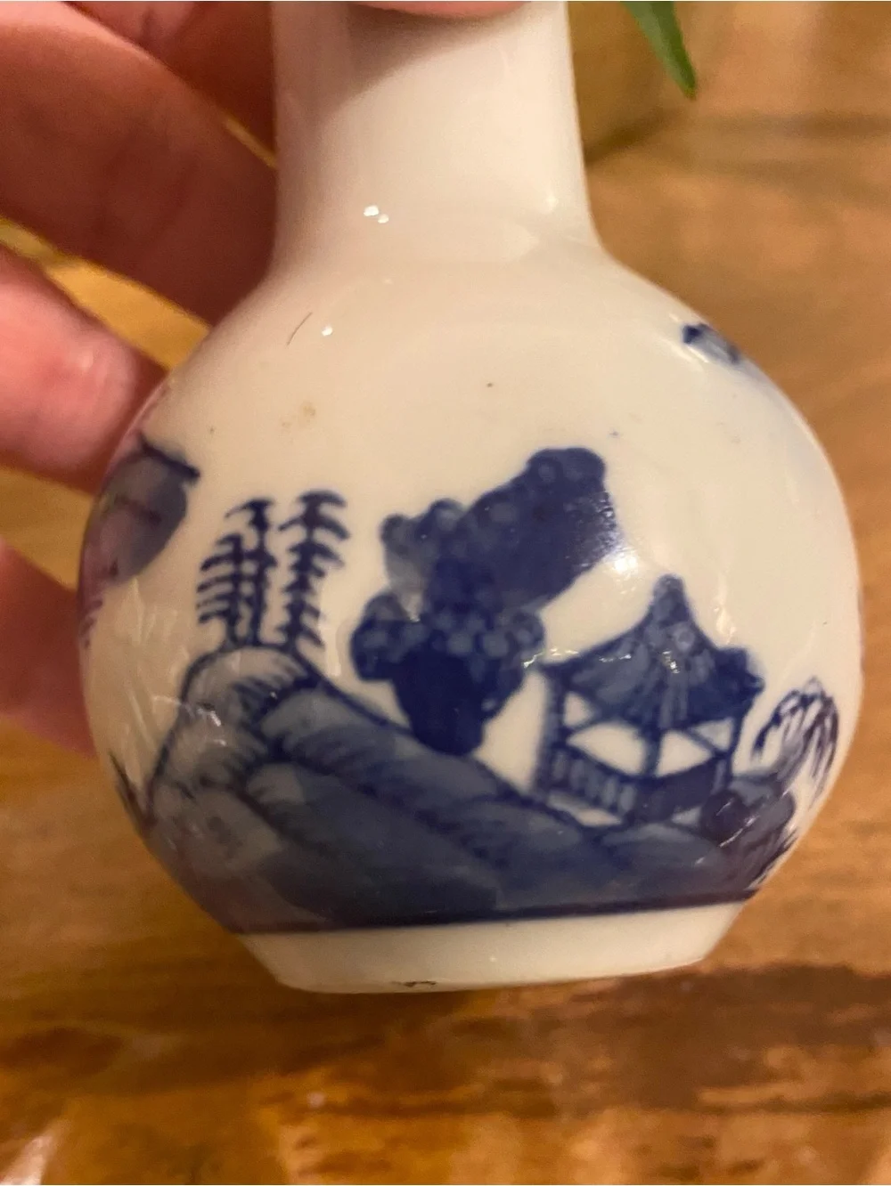 VTG Blue & White Chinoiserie Porcelain Miniature Jar Bud Vase Landscape Pagoda